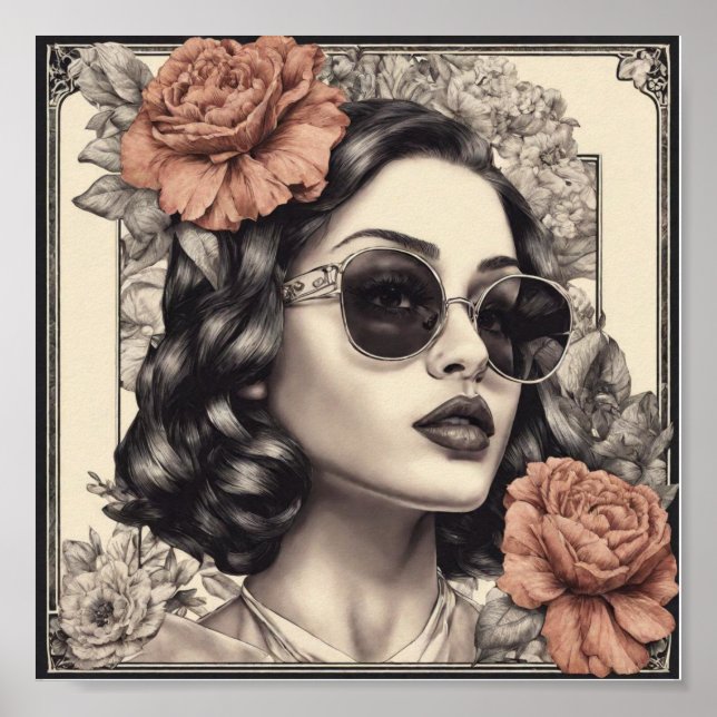 Poster Vintage girl com flores (Frente)