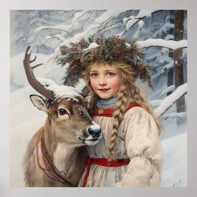 Poster Vintage Girl com Reindeer (Frente)