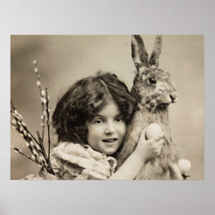 Poster Vintage girl with gian Easter Bunny