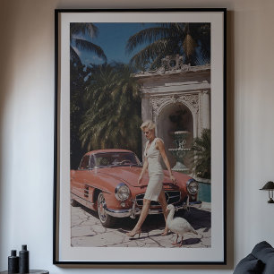 Poster Vintage Glamor: Mulher Chic e Carro Clássico