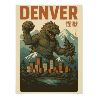 Pôster Vintage Godzilla-Style Kaiju Denver City Art Print