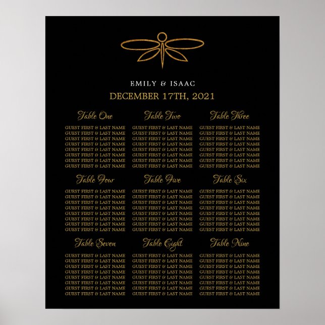 Poster Vintage Gold Foil Dragonfly Seating Chart (Frente)