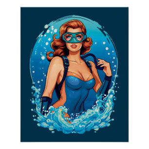Pôster Vintage Graphic Design Female Scuba Diver