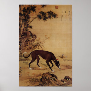 Poster Vintage Greyhound Preto e Flores Cor-de-Rosa