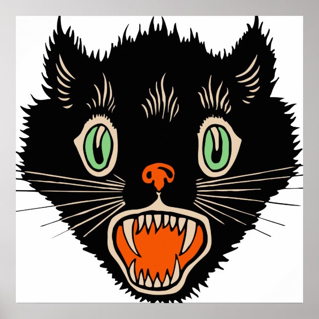 Pôster Vintage Halloween Assustado Gato Negro (Frente)