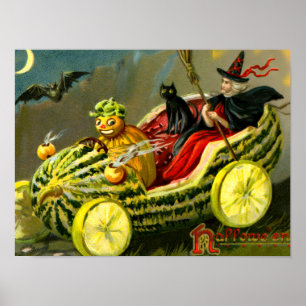 Poster Vintage Halloween Black Cat and Witness