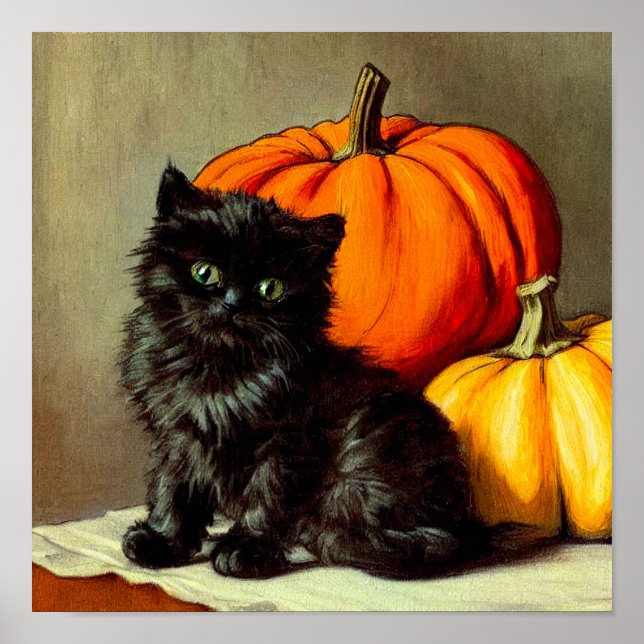 Poster Vintage Halloween Black Cat e Pumpkins (Frente)