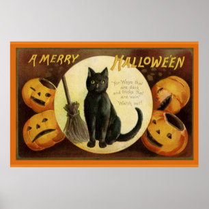 Poster Vintage Halloween Black Cat e Pumpkins entalhados