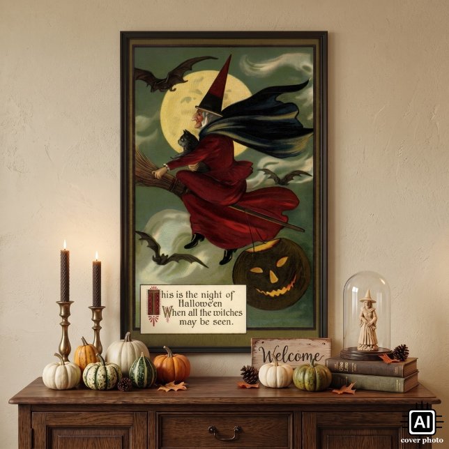 Pôster Vintage Halloween Bruxa Andando Broomstick com Cat (Vintage illustration Halloween design featuring a witch flying on her broomstick with her black cat.)