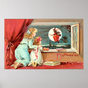Poster Vintage Halloween Bruxa com Broomstick