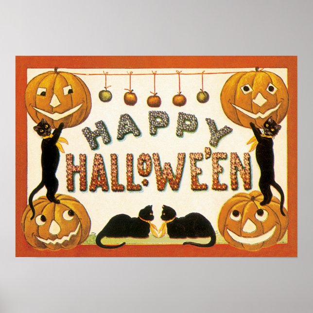 Pôster Vintage Halloween, Gatos Negros com Jackolanteras (Frente)