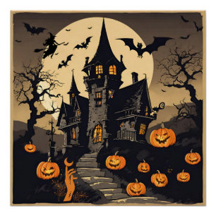 Pôster Vintage Halloween Hauneen House, Pumpkins, Bats