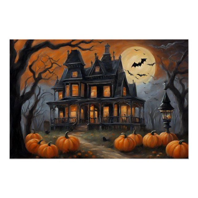 Pôster Vintage Halloween House e Full Moon (Frente)