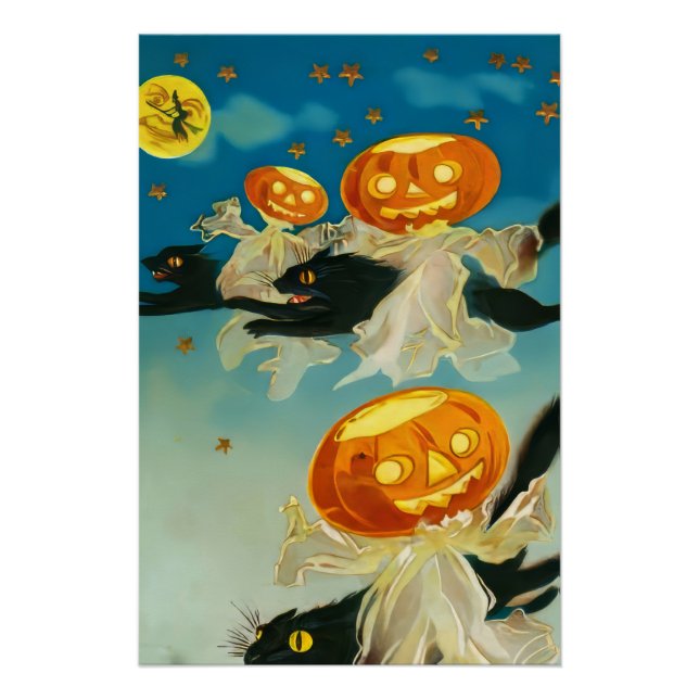 Pôster Vintage Halloween Pumpkin Fantasmas e Gatos Negros (Frente)