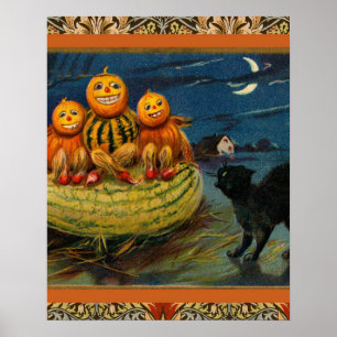 Pôster Vintage Halloween Pumpkins Black Cat