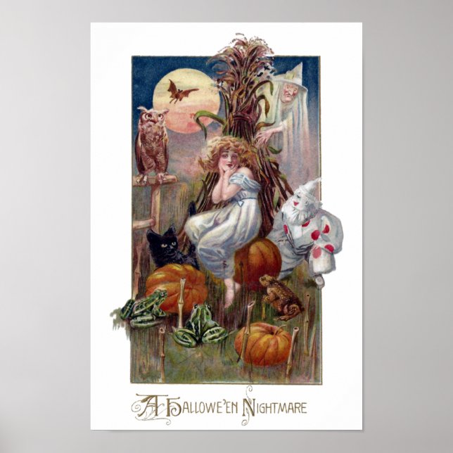 Pôster Vintage Halloween Sapos Arrancaram Coruja de Gato  (Frente)
