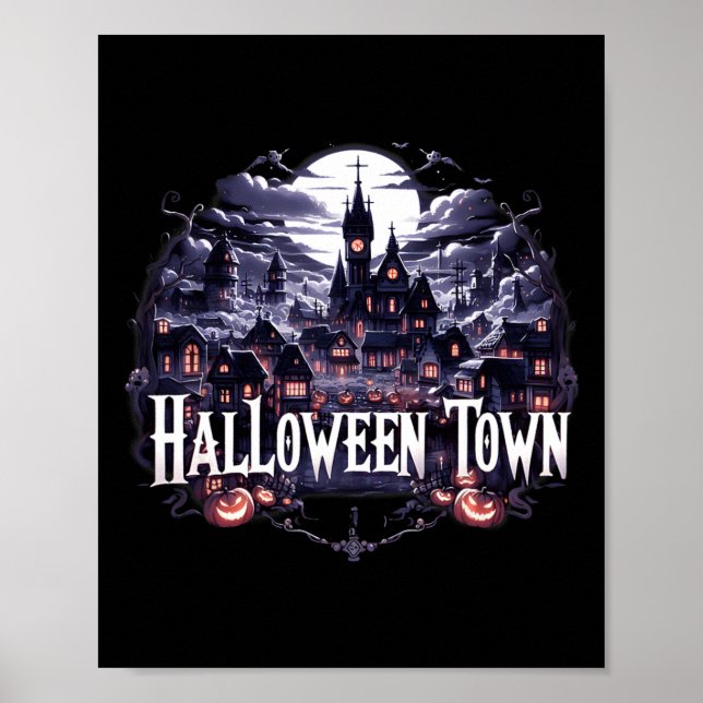 Poster Vintage Halloween Town Skeleton Ghost Pumpkin Hall (Frente)