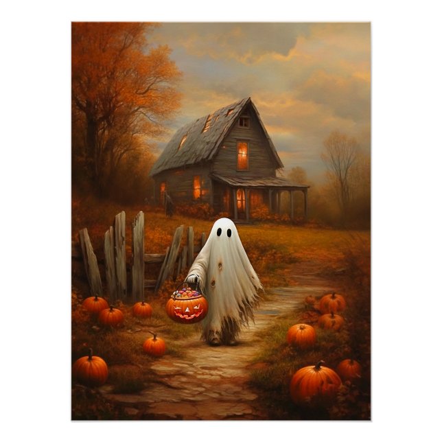 Pôster Vintage Halloween Trick-or-Tratating Ghost (Frente)