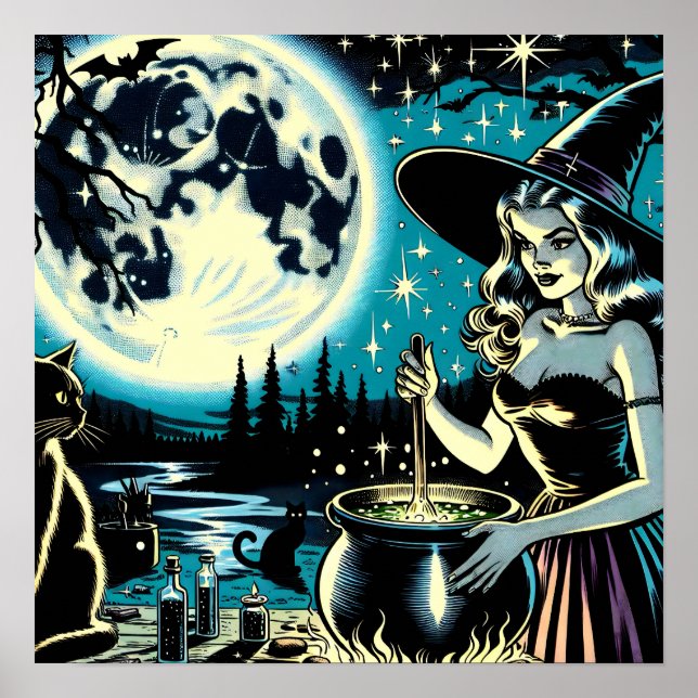 Poster Vintage Halloween Witch agitando um Caldeirão (Frente)