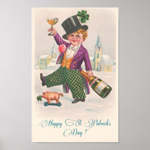 Poster Vintage Happy Dia de São Patrício Shamrock Champag