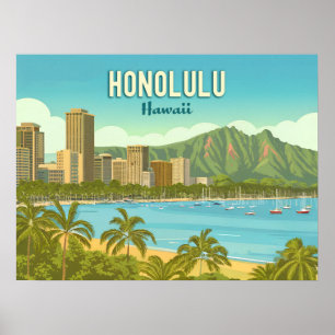 Poster Vintage Hawaii, praia de Honolulu Hanauma Bay
