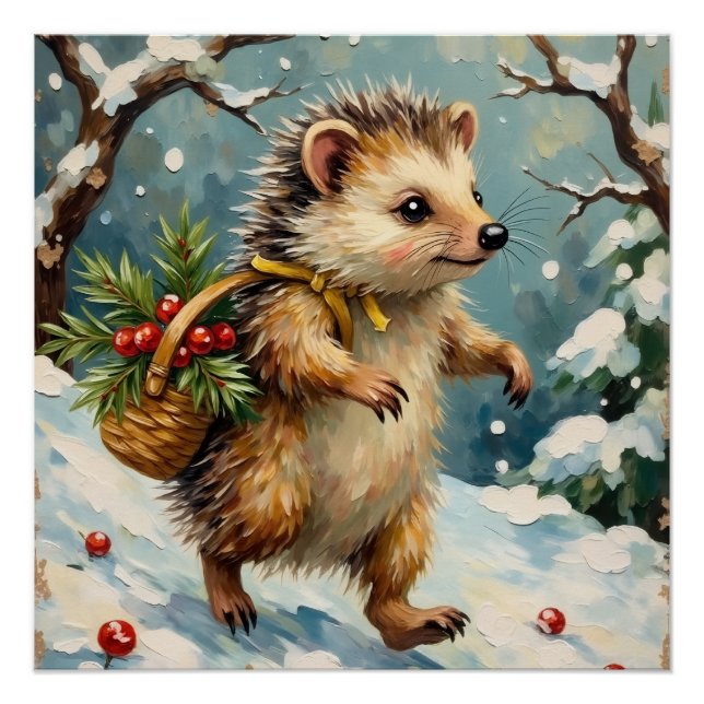 Pôster Vintage Hedgehog with Christmas Berry Basket (Frente)