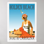 Poster Vintage Holden Beach<br><div class="desc">Holden Um poster retrô que nunca foi até agora. Um refazer criativo de um velho poster que deveria ter sido. Holden Beach,  Carolina do Norte em estilo retrô da era da arte deco. Cor brilhante com uma mulher na praia sob um céu azul.</div>