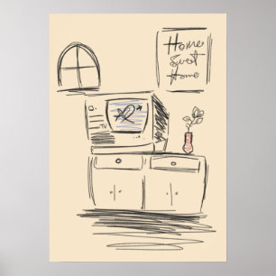 Poster Vintage Home Sweet Home TV Living Room Sketch