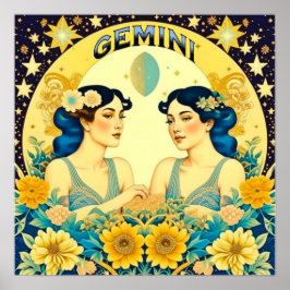 Poster Vintage Horoscope Sinal Gemini Twins Celestial