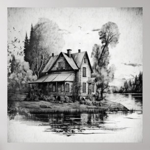 Poster Vintage House on the River: A Serene Scene in Draw