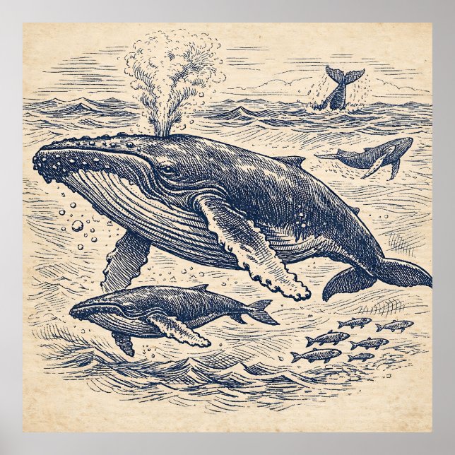 Poster Vintage Humpback Whale Pod Engraving (Frente)