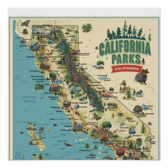 Pôster Vintage Illustrated California Parks Map Art (Frente)
