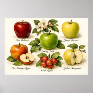 Poster Vintage Illustration with Apple Varieties 