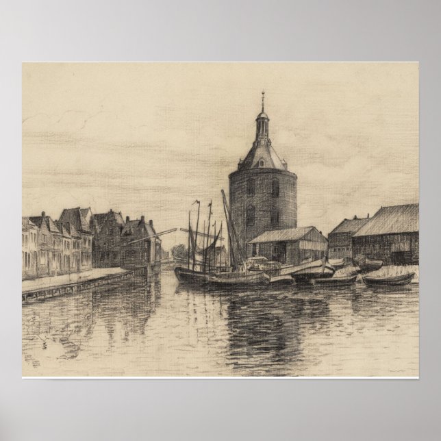 Pôster Vintage image, pencil sketch, Enkhuizen harbour (Frente)
