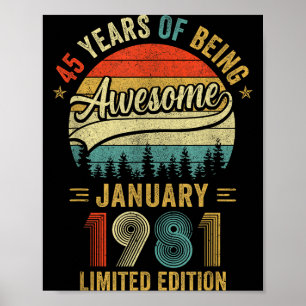 Poster Vintage Janeiro 1981 Velho Aniversário de 45 anos