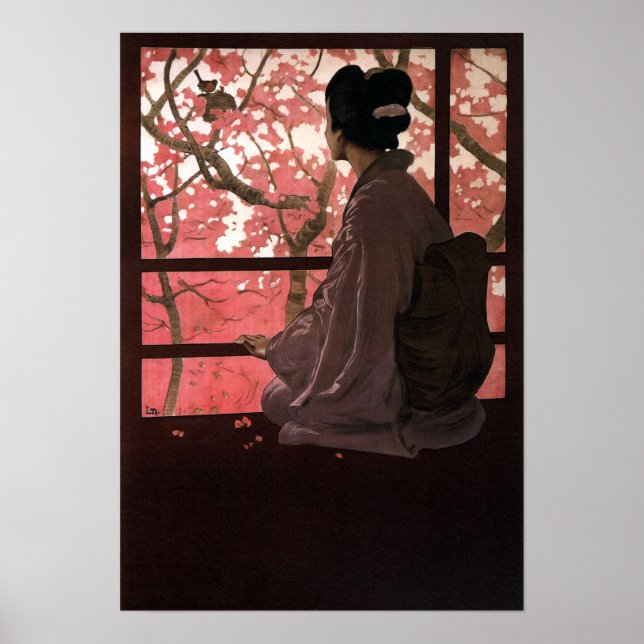 Pôster Vintage Japonês Geisha e Cherry Blossoms (Frente)