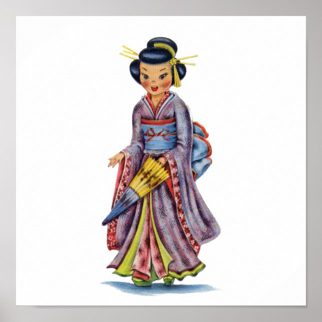 Poster Vintage Japonês Girl in Kimono (Frente)