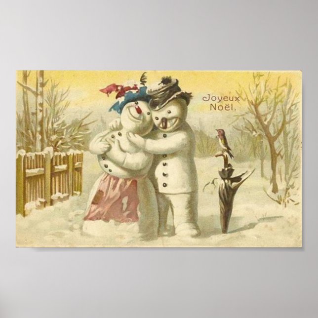 Poster Vintage Joyeux Noel Snowman & Woman Card (Frente)