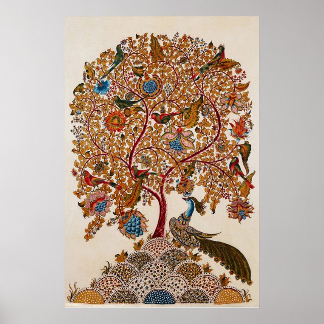 Poster Vintage Kalamkari Tree of Life com Peacock (Frente)