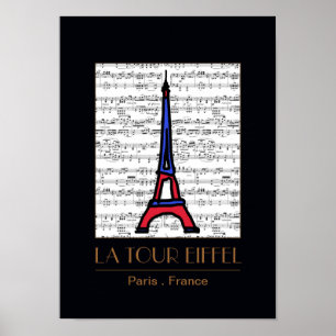 Poster vintage La Tour Eiffel com notas musicais
