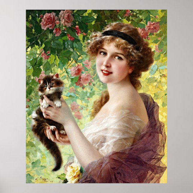 Poster Vintage Lady Cute Kitten & Rosa Flower (Frente)