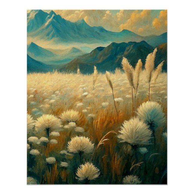 Pôster Vintage Landscape Mountains Wildflowers (Frente)