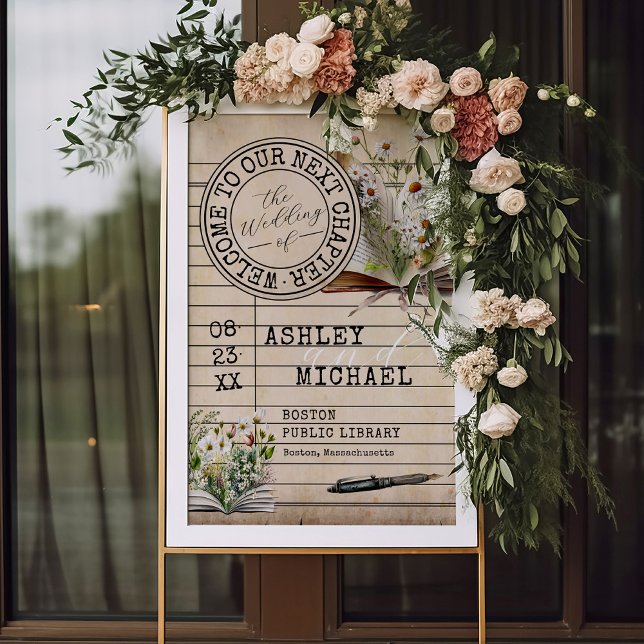 Poster Vintage Library Card Books Wedding 24x36 Welcome (Elegant 24x36" vintage floral books theme library card Next Chapter welcome wedding sign poster)