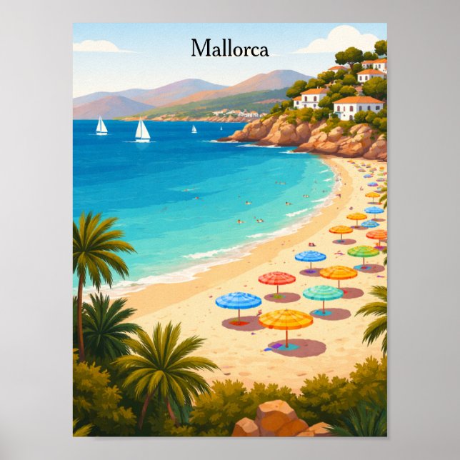 Poster Vintage Mallorca Spain Travel Beach Illustration (Frente)