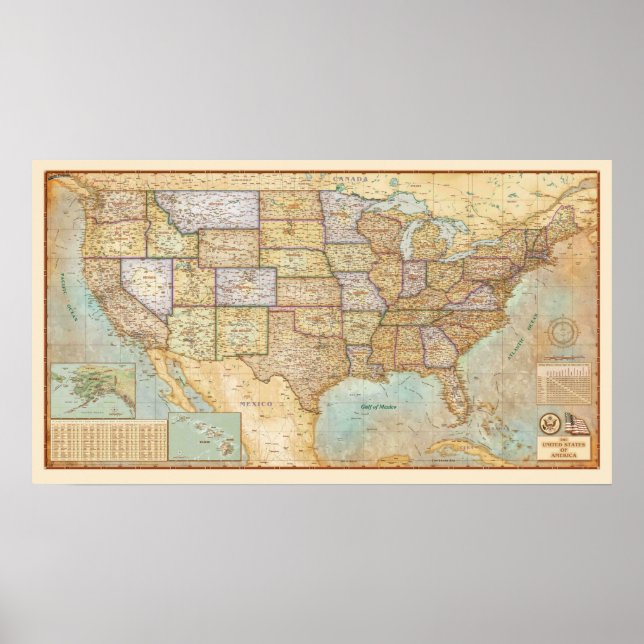 Poster Vintage Map dos Estados Unidos da América (Frente)