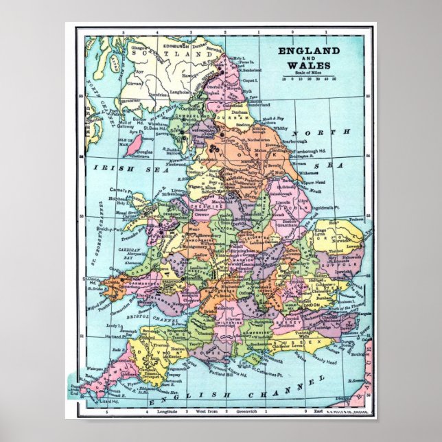 Poster Vintage Map - England & Wales (Frente)
