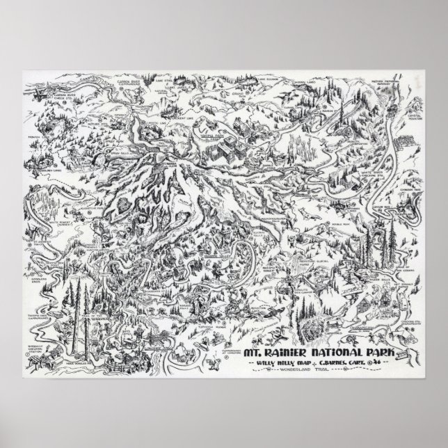 Poster Vintage Map Monte Rainier Pictorial Viagem (Frente)