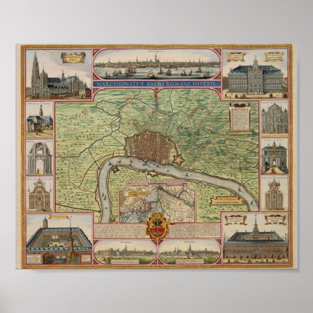 Poster Vintage Map of Antuérpia, Bélgica (Frente)