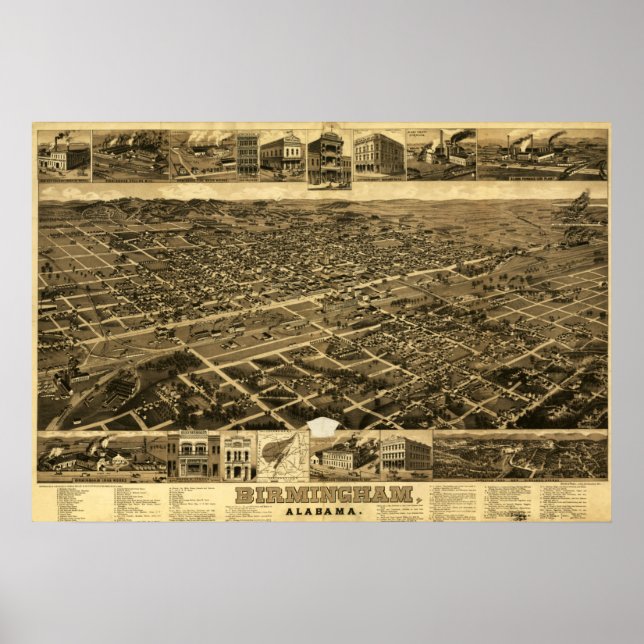 Poster Vintage Map of Birmingham, Alabama (1885) (Frente)
