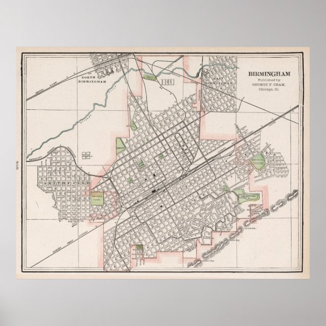 Poster Vintage Map of Birmingham Alabama (1901) (Frente)